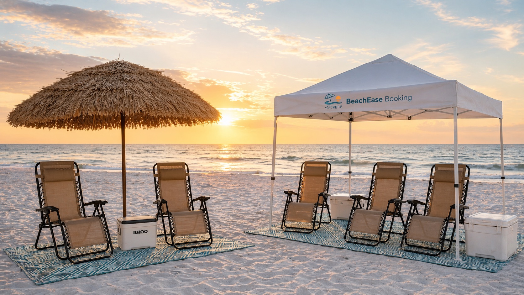 Professional beach equipment rental setup with premium cabana, comfortable chairs, and umbrella service at St. Petersburg Florida beach at golden hour sunset